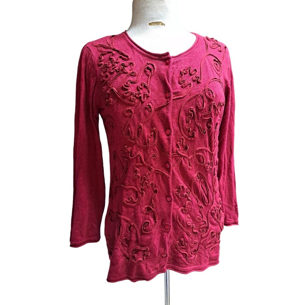Coldwater Creek Cardigan Sweater Women S Button Red Scalloped Accent 5% Cashmere